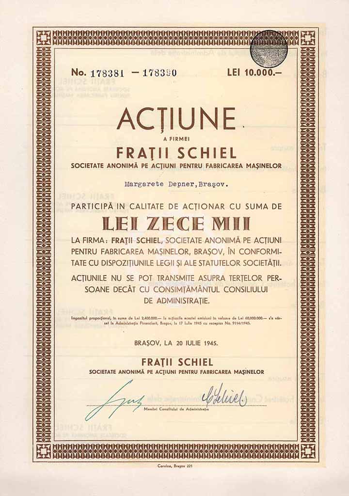 Fratii Schiel S.A. pe Actjiuni pentru Fabricarea Masinelor (Brüder Schiel Maschinenfabrik AG)