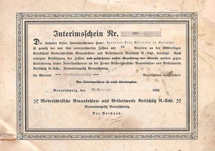 Niederschlesische Braunkohlen- und Brikettwerke Nettschütz N.-Schl.