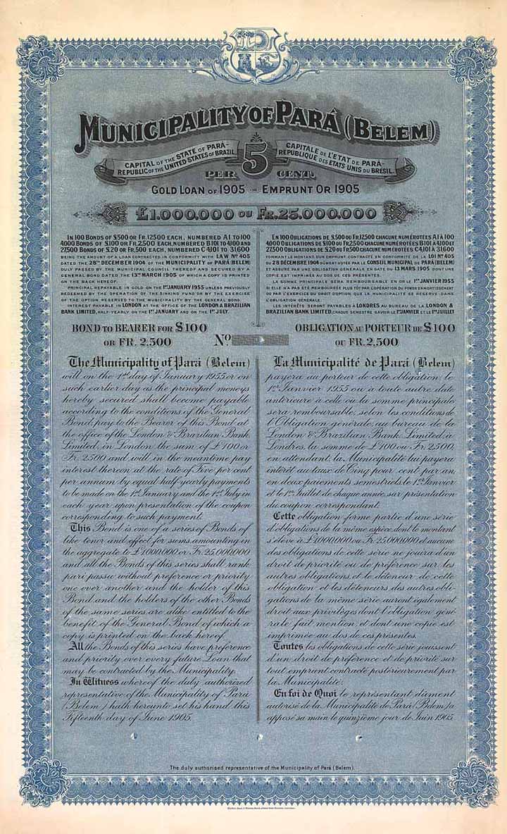 Municipality of Pará (Belem) 5 % Gold Loan of 1905