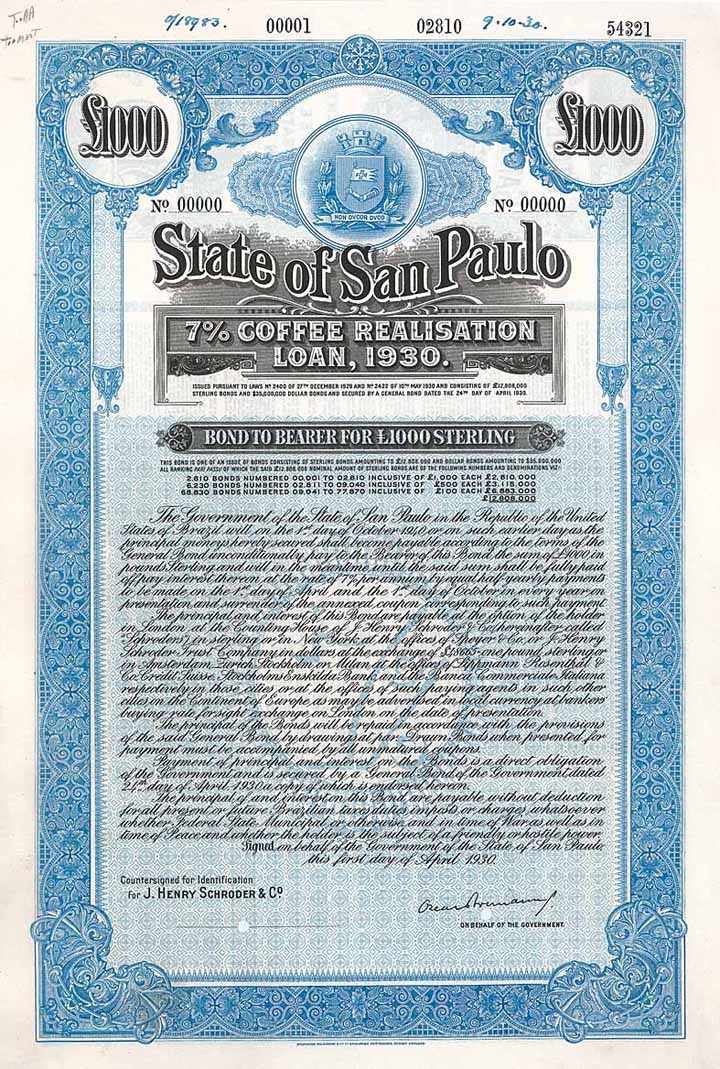 State of San Paulo 7 % Coffee Realisation Loan 1930