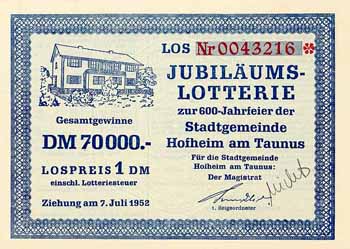 Jubiläums-Lotterie zur 600-Jahrfeier der Stadtgemeinde Hofheim am Taunus