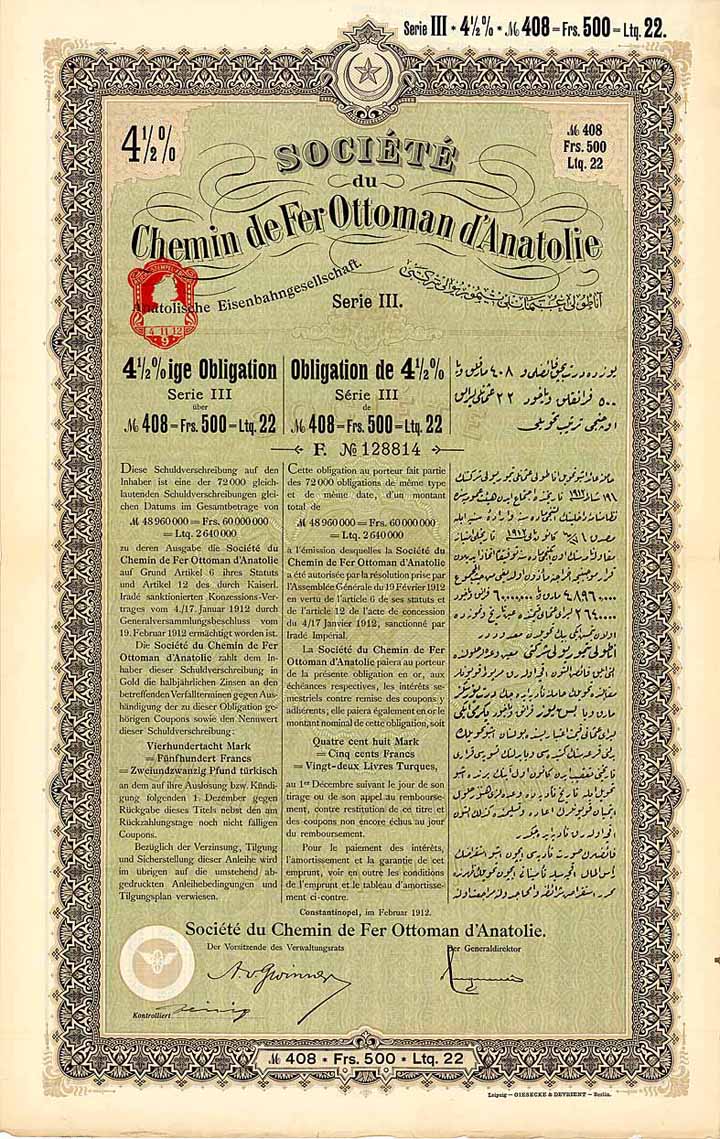 Soc. du C.d.F. Ottoman d’Anatolie S.A. (Gesellschaft der Ottomanischen Bahn in Anatolien AG)