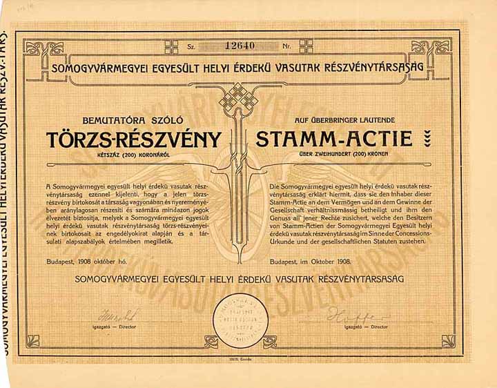 Somogyvarmegyei egyesült helyi erdekü vasutak reszvenytarsasag (Somogyer Vereinigte Lokaleisenbahnen AG)