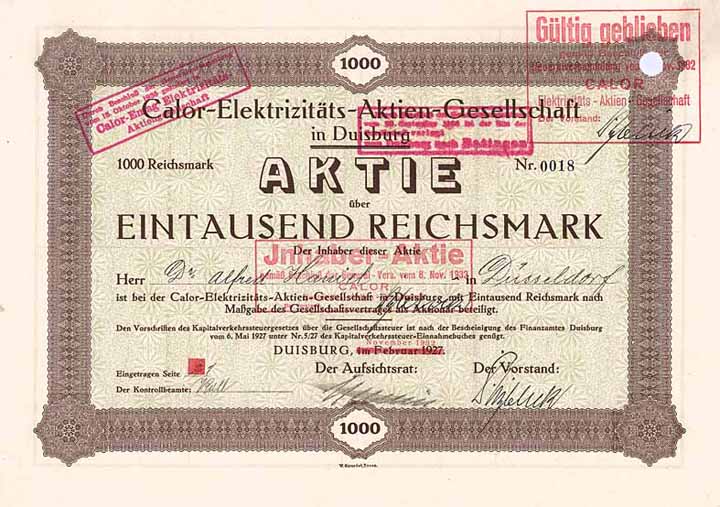 Calor-Elektrizitäts-AG (überstempelt Nov. 1932, Na.-Aktie)