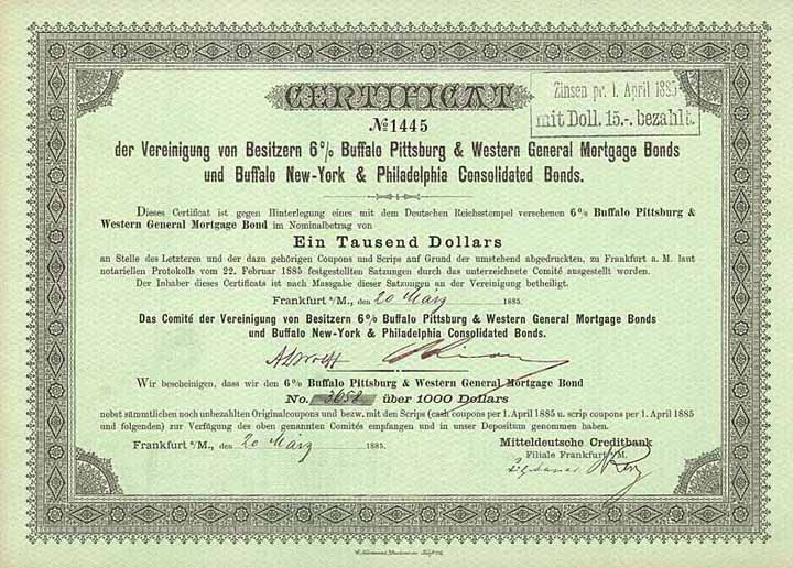 Comité der Vereinigung von Besitzern 6 % Buffalo Pittsburg & Western General Mortgage Bonds und Buffalo New York & Philadelphia Cosolidated Bonds