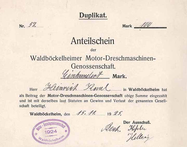 Waldböckelheimer Motor-Dreschmaschinen-Genossenschaft