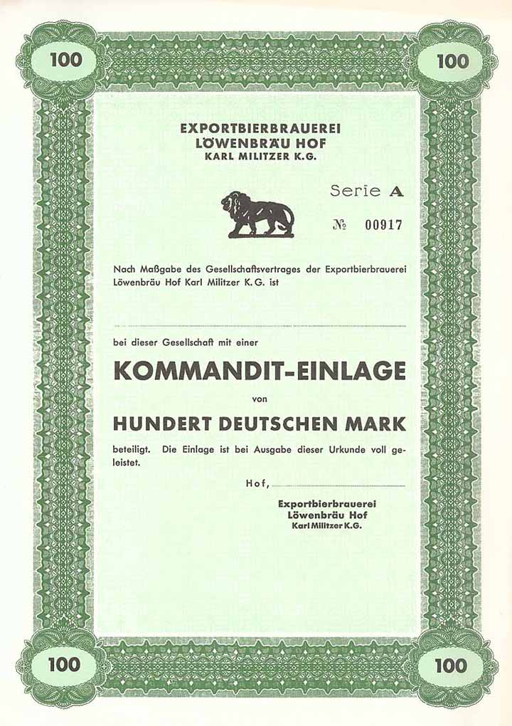 Exportbierbrauerei Löwenbräu Hof Karl Militzer K.G.