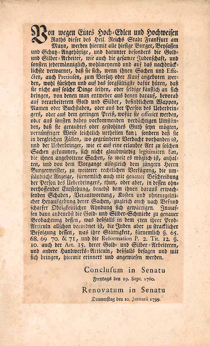 Burgermeistere und Rath dieser des Heil. Röm. Reichs Freyen Stadt Frankfurt am Mayn