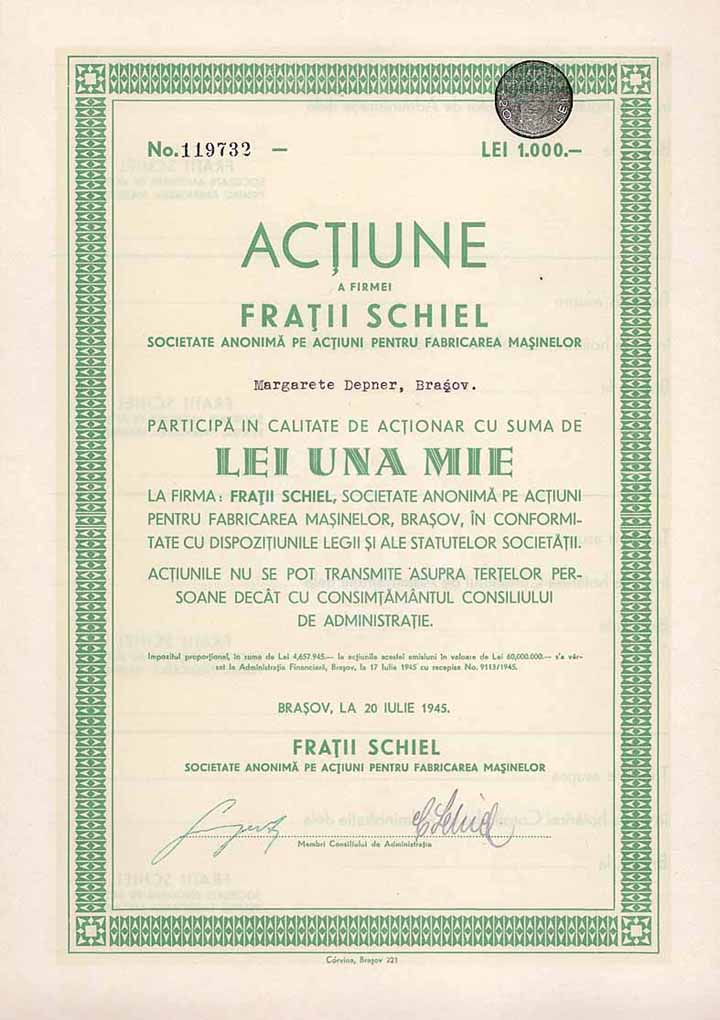 Fratii Schiel S.A. pe Actjiuni pentru Fabricarea Masinelor (Brüder Schiel Maschinenfabrik AG)