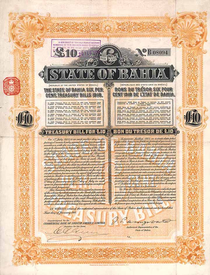 State of Bahia 6 % Treasury Bills 1918