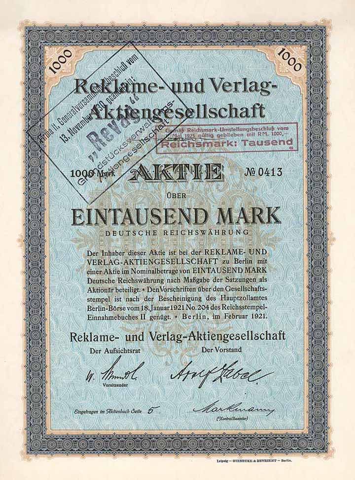 Reklame- und Verlag-AG (ab 1930 „Revag“ Grundstücksverwaltungs-AG)