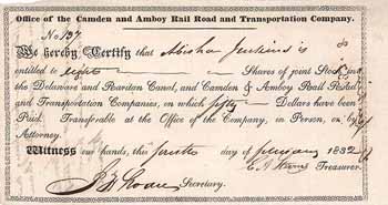 Camden & Amboy Rail Road & Transportation (Joint stock of Delaware & Raritan Canal Co. & Camden & Amboy RR & Transportation) (OU Edwin A. Stevens)