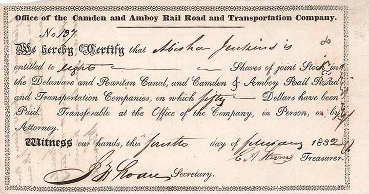 Camden & Amboy Rail Road & Transportation (Joint stock of Delaware & Raritan Canal Co. & Camden & Amboy RR & Transportation) (OU Edwin A. Stevens)