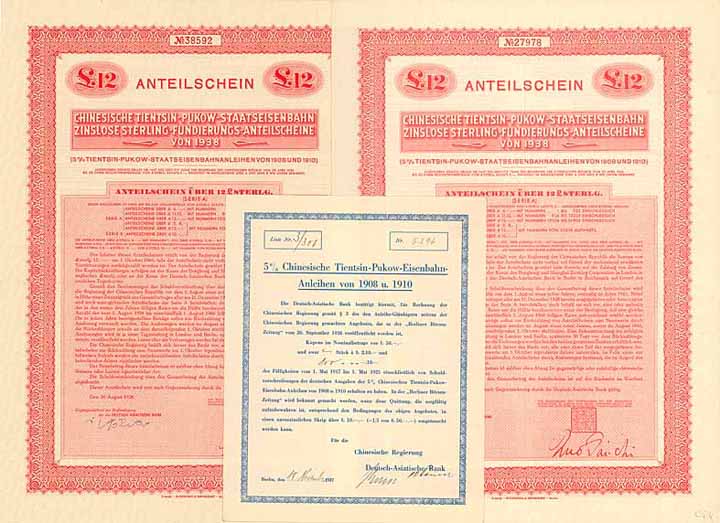 Chinesische Tientsin-Pukow-Eisenbahn-Anleihen von 1908 u. 1910 (3 Stücke)