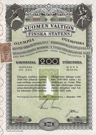 Finnland, Olympische Staatsanleihe (Suomen Valtion Finska Statens Olympiska)