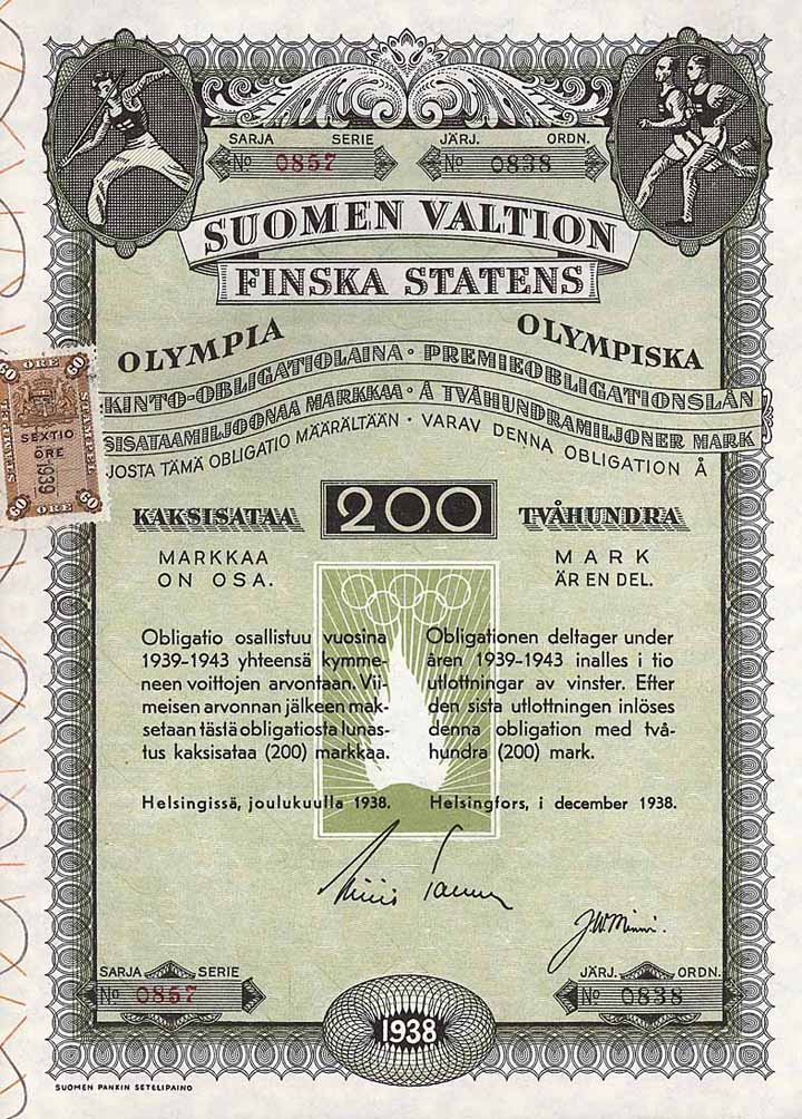 Finnland, Olympische Staatsanleihe (Suomen Valtion Finska Statens Olympiska)