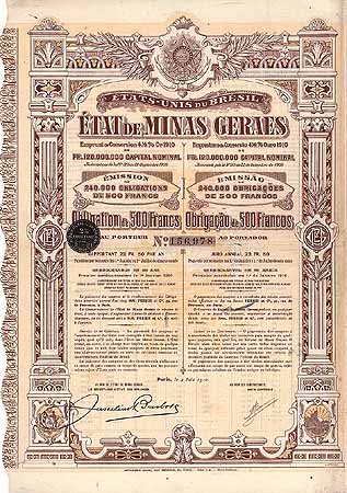 État de Minas Geraes Emprunt de Conversion 4,5 % Or 1910