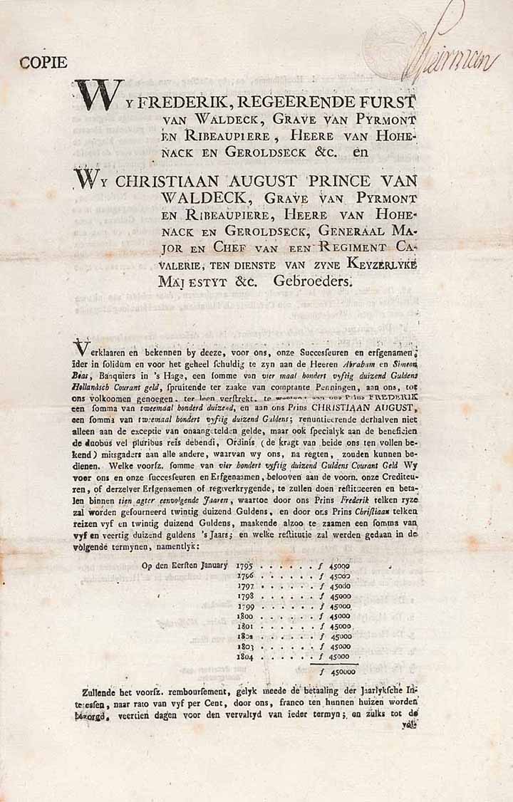 Frederik, regierender Fürst van Waldeck, Grave van Pyrmont en Ribeaupiere etc. und Christian August Prince van Waldeck, Grave van Pyrmont  en Ribeaupiere etc.