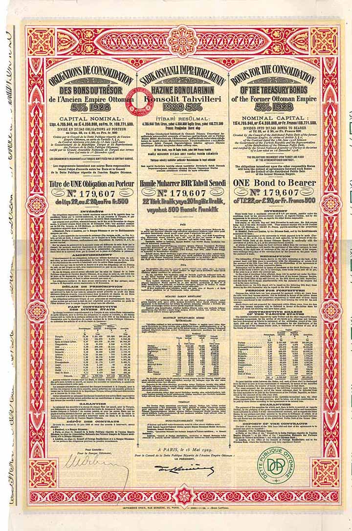 Ottomanische Oeffentliche Schuld (Bonds for the Consolidation of the Treasury Bonds of the former Ottoman Empire 5 % 1928)