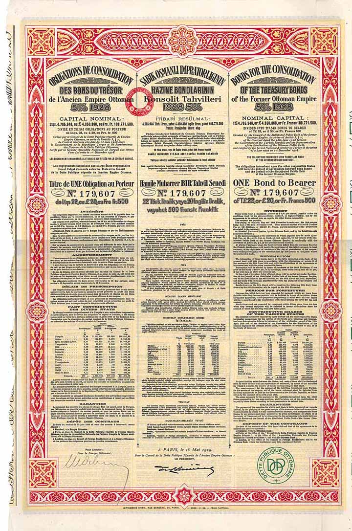 Ottomanische Oeffentliche Schuld (Bonds for the Consolidation of the Treasury Bonds of the former Ottoman Empire 5 % 1928)