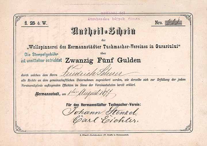 Wollspinnerei des Hermannstädter Tuchmacher-Vereines in Gurariului