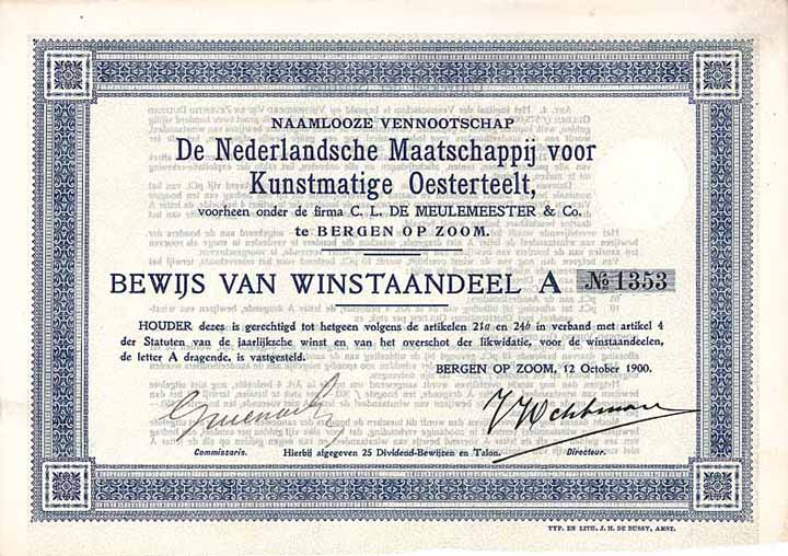 N.V. De Nederlandsche Maatschappij voor Kunstmatige Oesterteelt voorheen onder de Firma C. L. Meulemeester & Co.