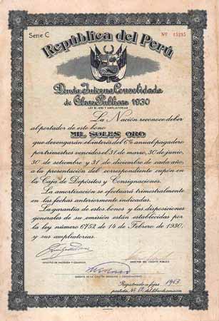 República del Perú - Deuda Interna Consolidada de Obras Publicas 1930