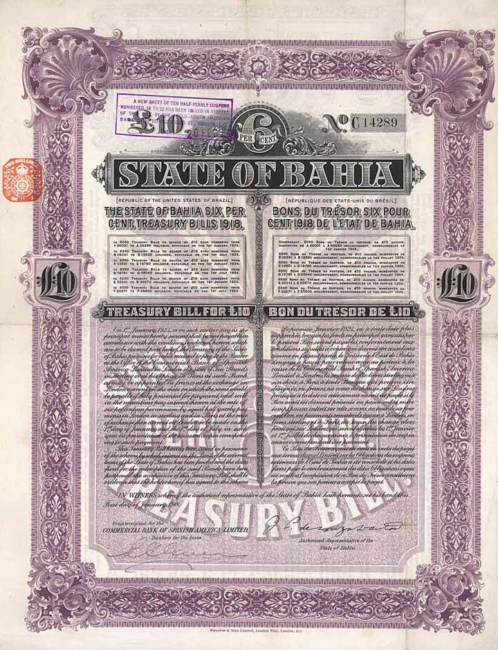 State of Bahia 6 % Treasury Bills 1918