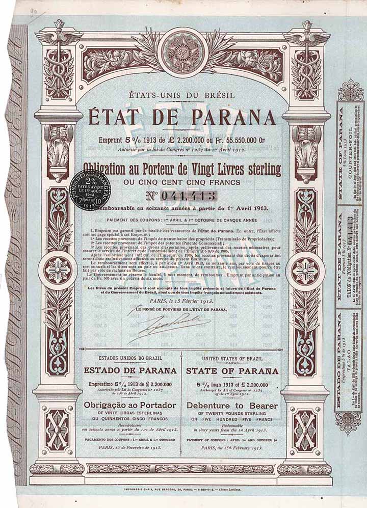 Etat de Parana Emprunt 5 % 1913