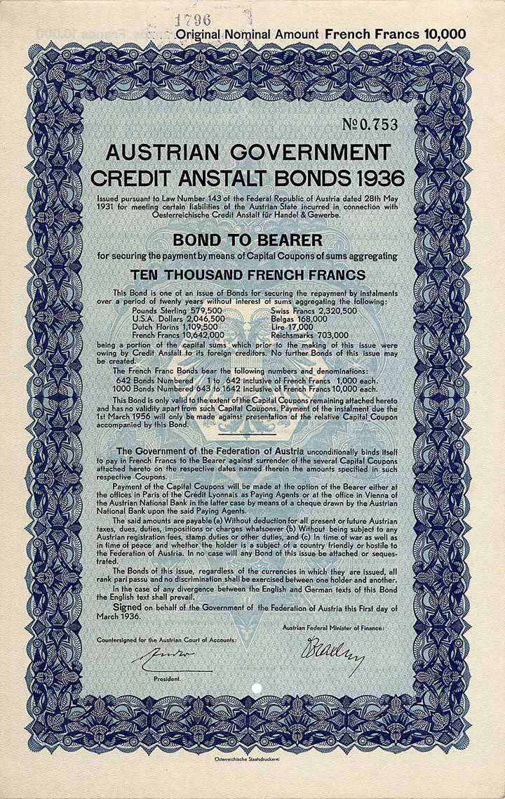 Austrian Government Credit Anstalt Bonds 1936