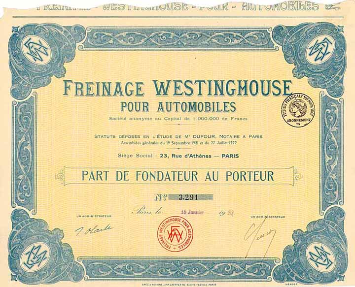 Freinage Westinghouse pour Automobiles S.A.