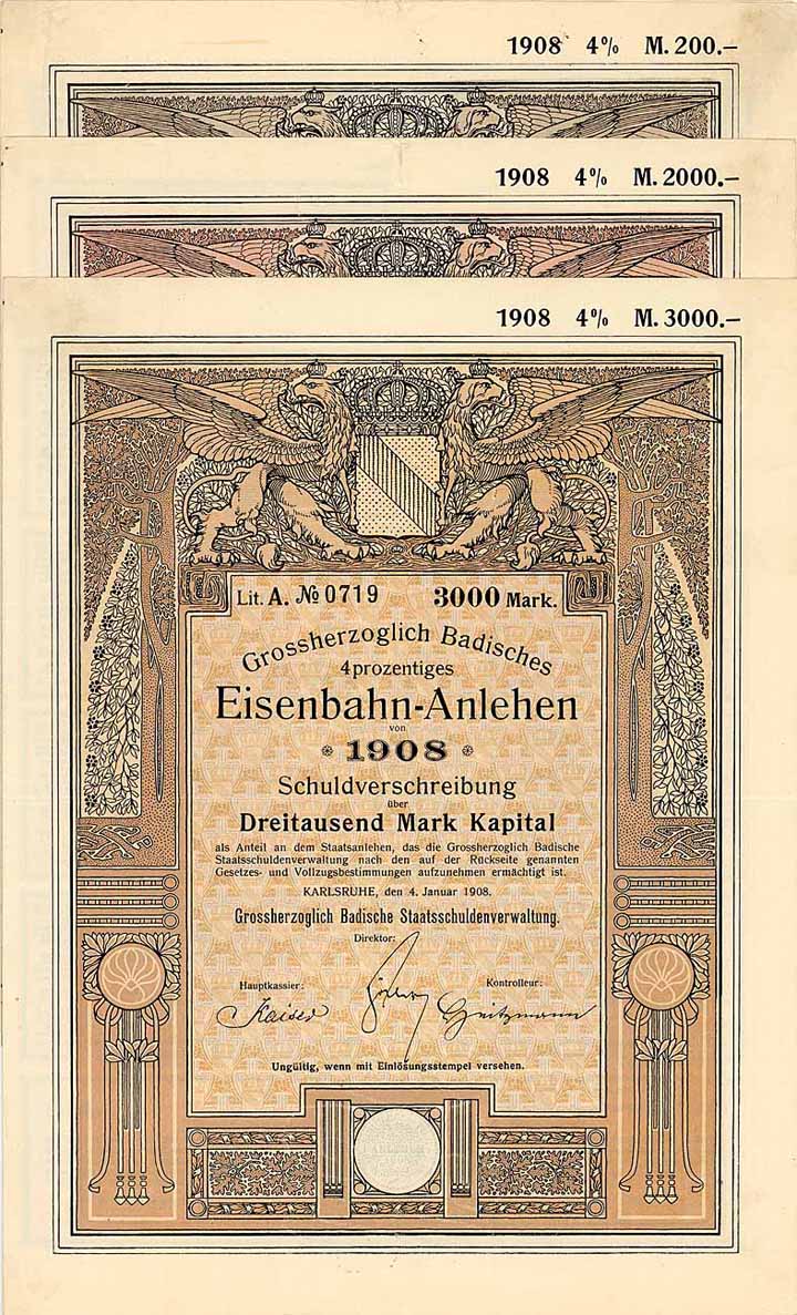 Grossherzoglich Badisches Eisenbahn-Anlehen (3 Stücke)