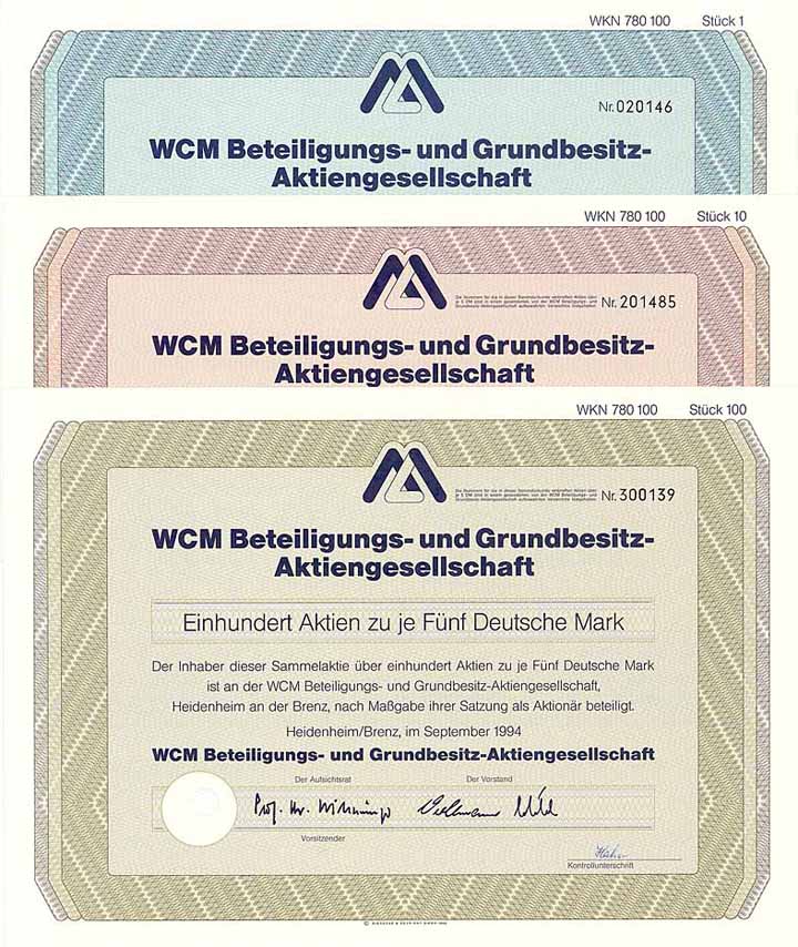 WCM Beteiligungs- und Grundbesitz-AG (3 Stücke)
