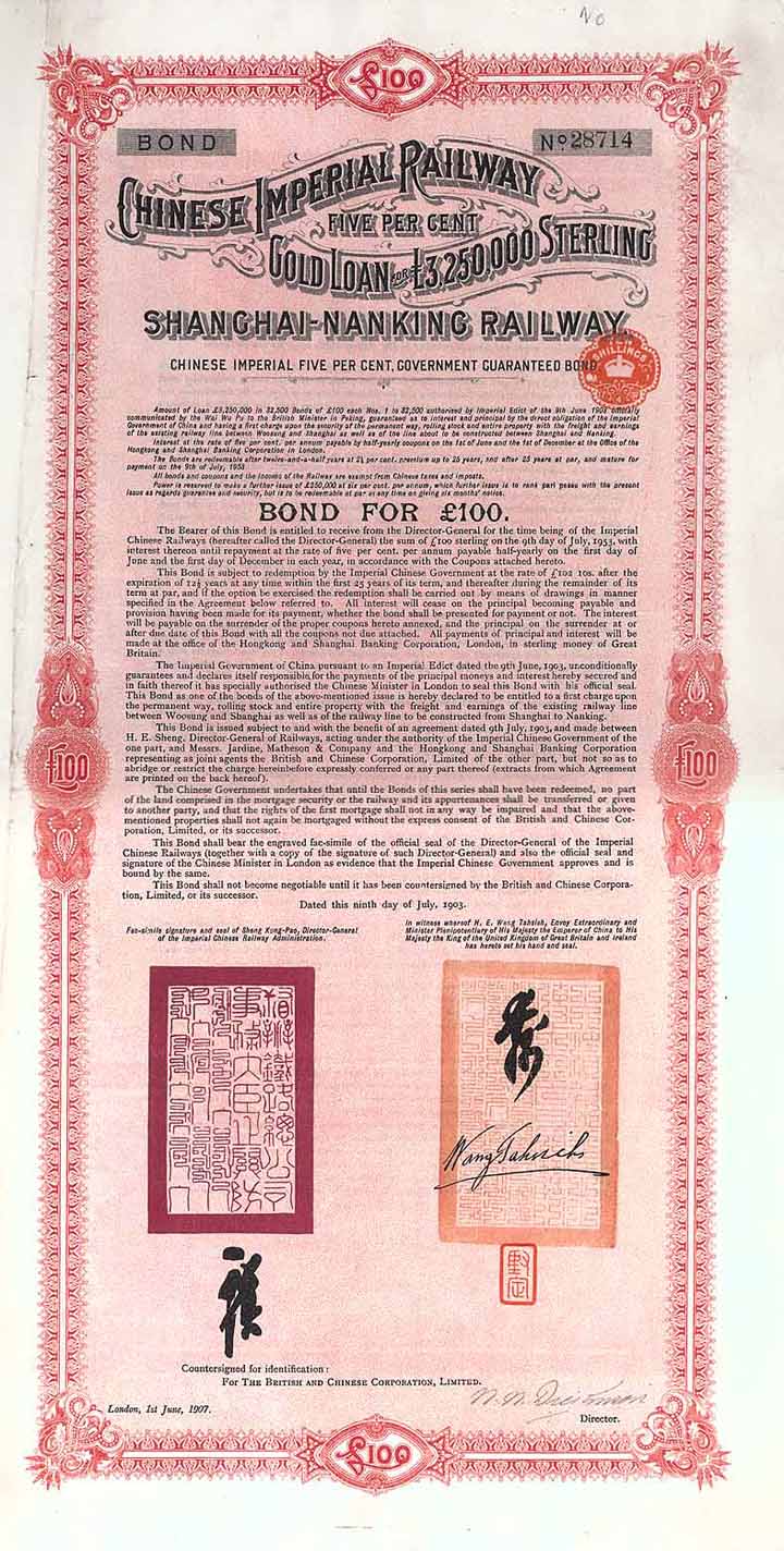 Chinese Imperial Railway Gold Loan (Shanghai-Nanking Railway) III