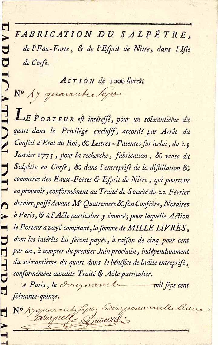 Fabrication du Salpétre,
de l’eau-Forte, & de l’Esprit de Nitre, dans lsle de Corse