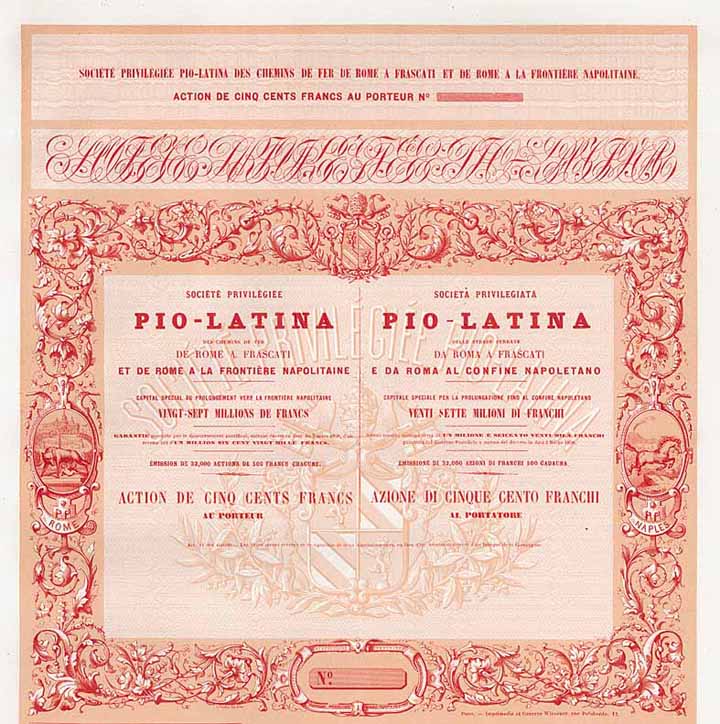 Soc. priv. Pio-Latina de Chemins de Fer de Rome a Frascati et de Rome a la Frontière Napolitaine