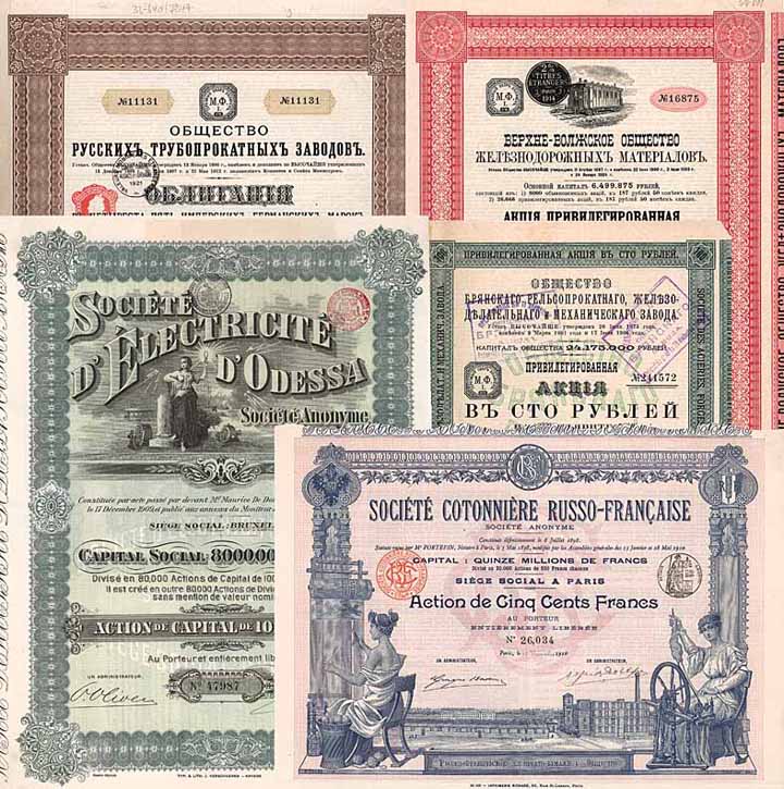 Russische Industrie und Banken I. (Sammlung mit 30 hist. Wertpapieren, überwiegend Aktien)