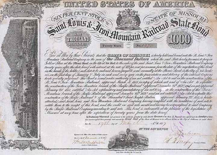 Saint Louis & Iron Mountain Railroad State Bond