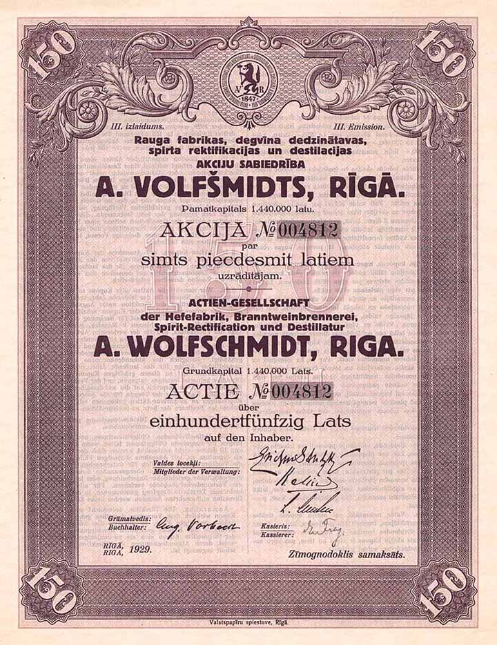 AG der Hefefabrik, Branntweinbrennerei, Spirit-Rectification und Destillatur A. Wolfschmidt