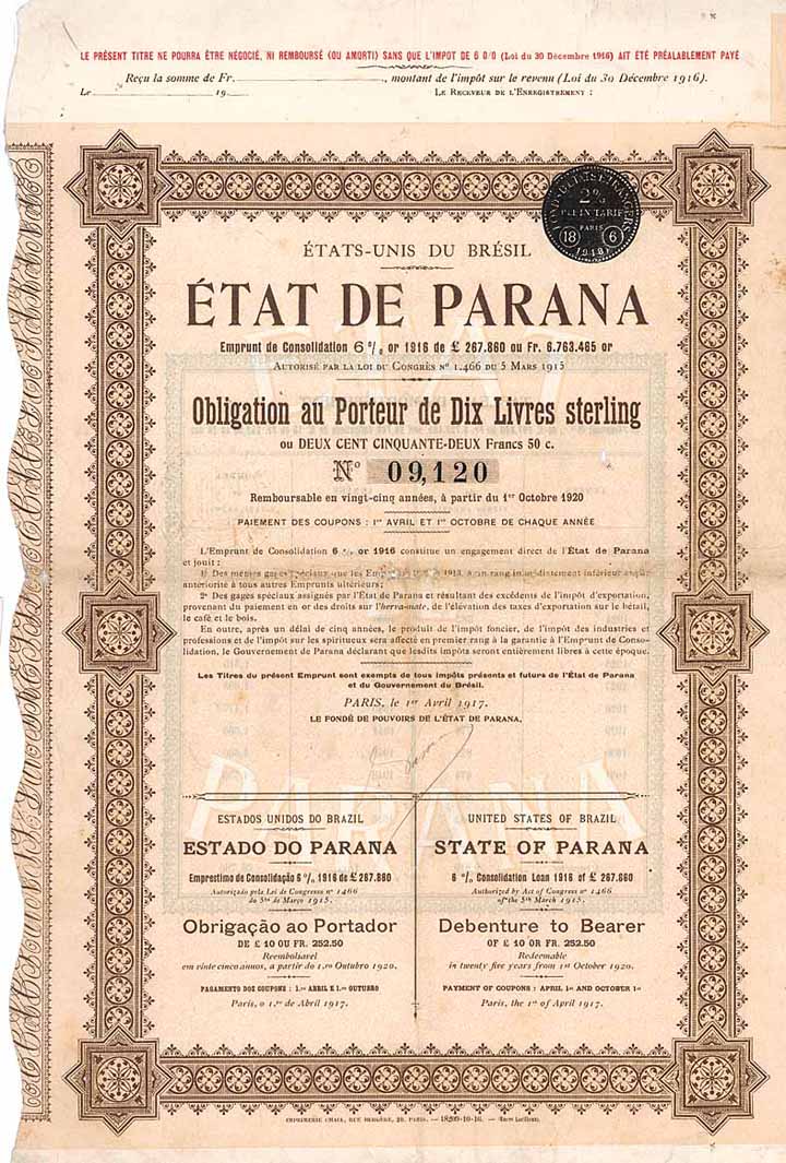 Etat de Parana Emprunt de Consolidation 6 % Or 1916