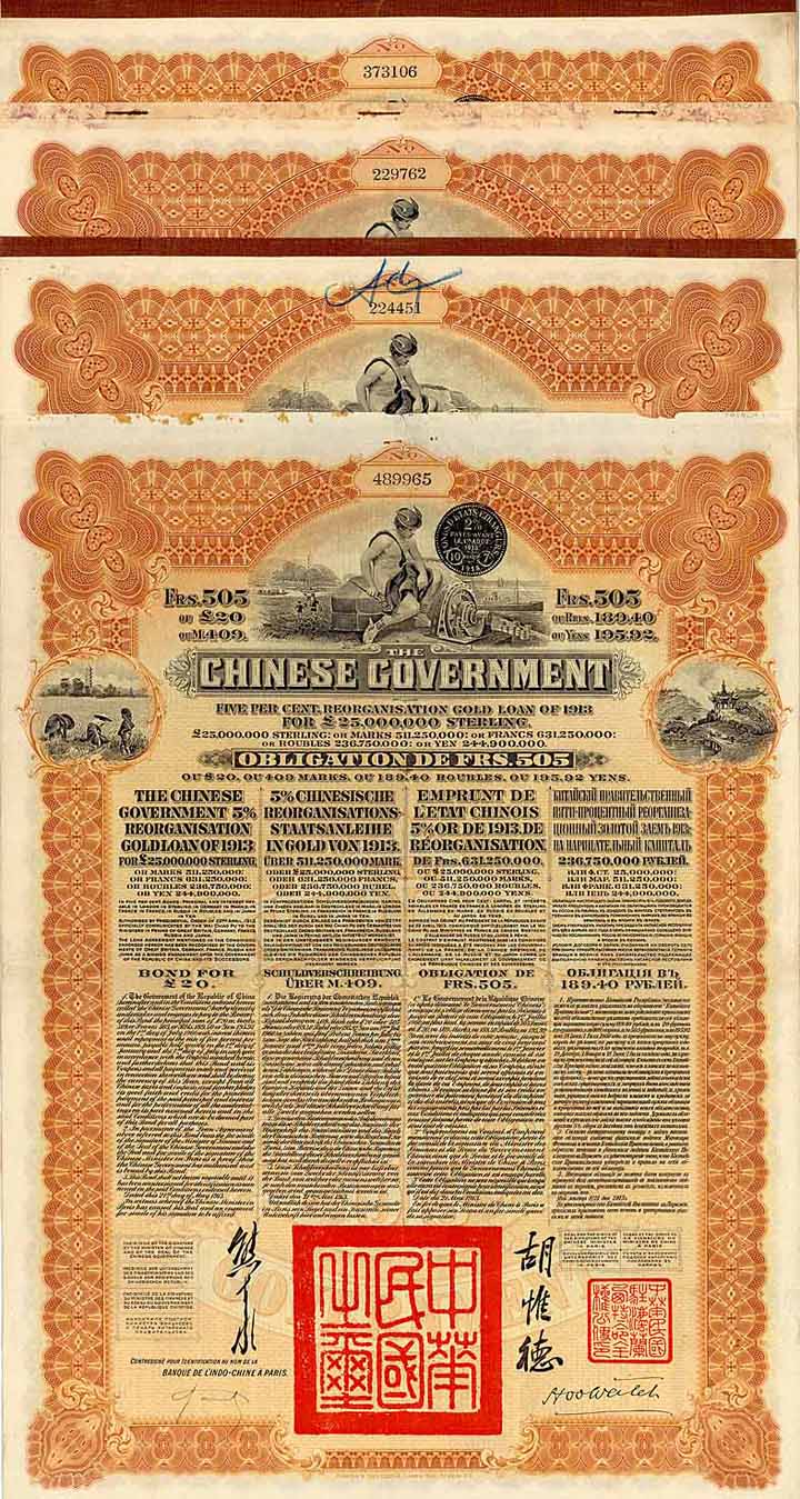 Chinese Government 5 % Reorganisation Gold Loan of 1913 (4 Stücke)