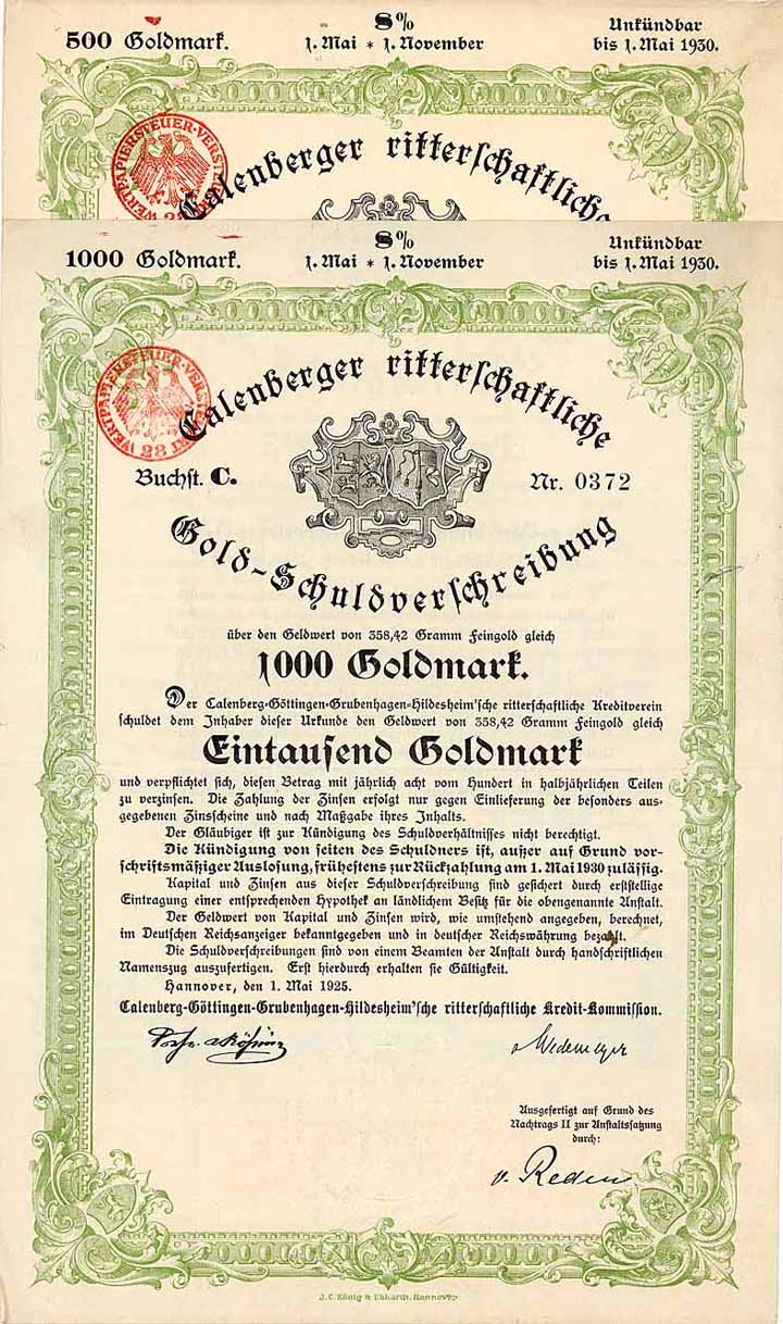 Calenberg-Göttingen-Grubenhagen-Hildesheim’sche ritterschaftliche Kreditverein (2 Stücke)