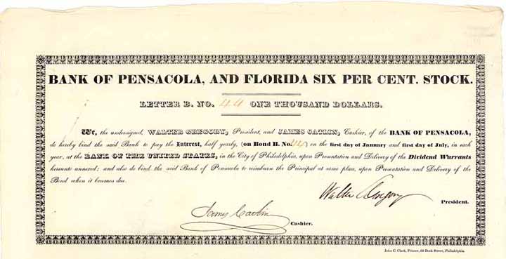 Bank of Pensacola, and Florida Six per cent Stock