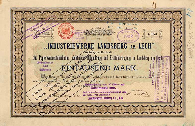 Industriewerke Landsberg am Lech AG für Papierwaarenfabrikation, elektrische Beleuchtung und Kraftübertragung in Landsberg am Lech