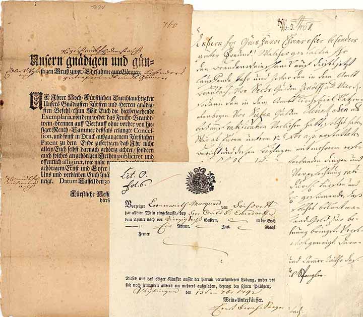 Verordnungen, Urkunden, Edikte Wein betreffend - Konvolut (15 Stücke im Album)