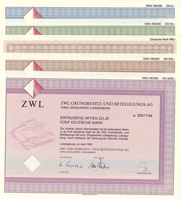 ZWL Grundbesitz- und Beteiligungs-AG vorm. Ziegelwerke Ludwigsburg (7 Stücke)