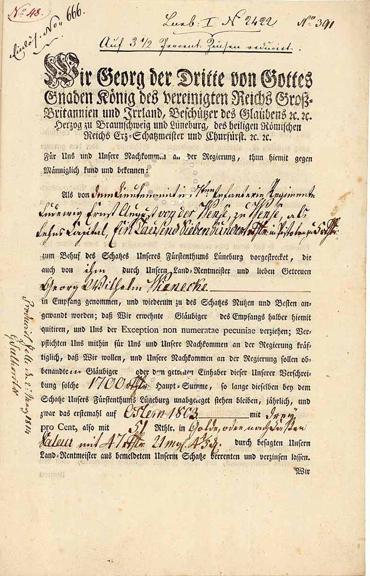 Georg der Dritte, von Gottes Gnaden König des vereinigten Reichs Groß-Britannien und Irrland, Beschützer des Glaubens, Herzog zu Braunschweig und Lüneburg, des Heil. Röm. Reichs Erz-Schatzmeister und Churfürst, cc.