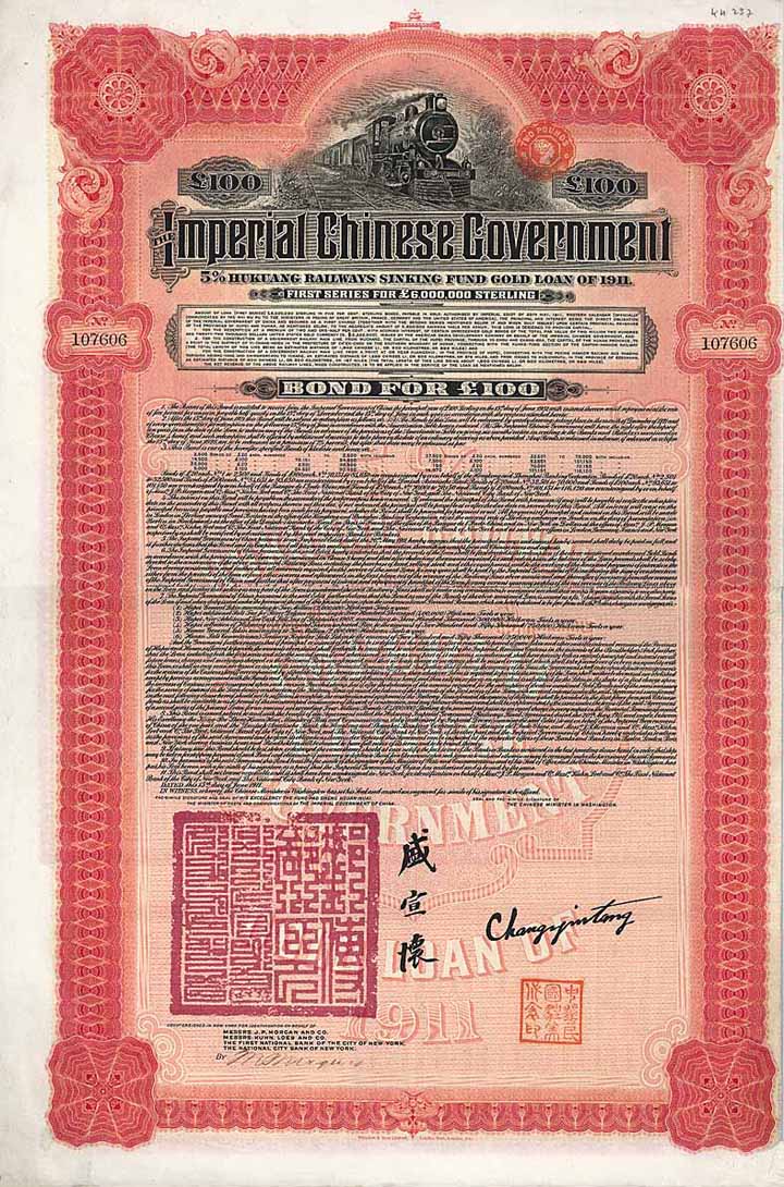 Imperial Chinese Government 5 % Hukuang Railways Gold Loan