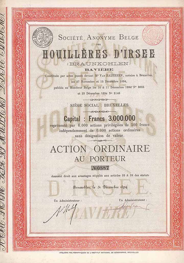 S.A. Belge Houillères d`Irsee (Braunkohlen) Bavière