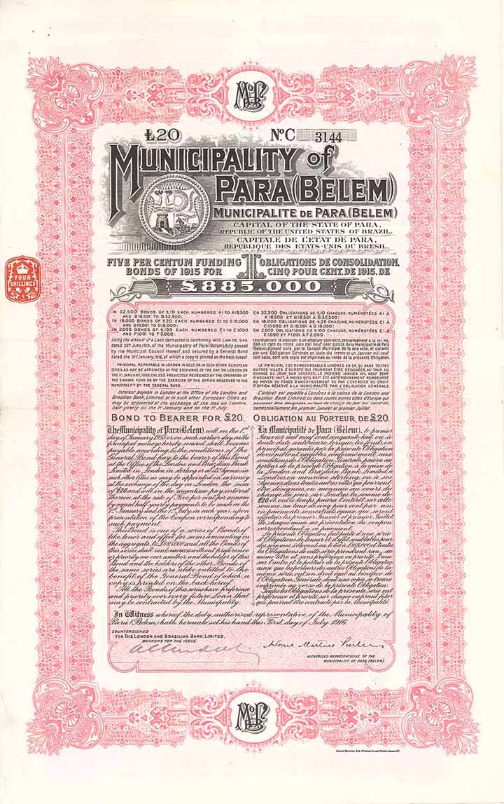 Municipality of Pará (Belem) 5 % Funding Bonds of 1915